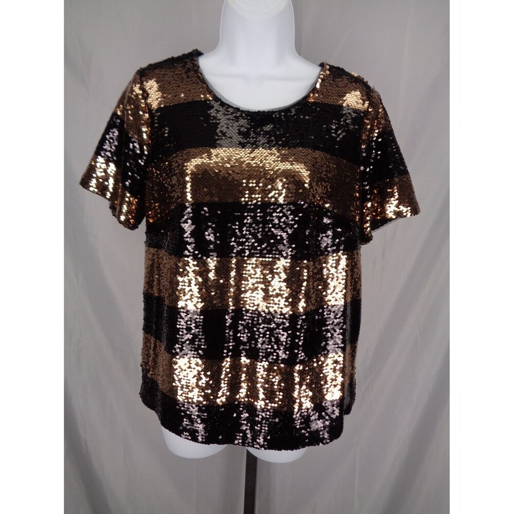 Maeve Anthropologie Black Gold Sequin Stripe Top Size Small Party Glam Cocktail